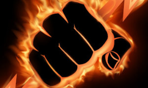 A fist with lightning in the background