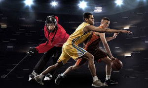 Basketball and ice hockey players in action